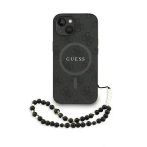 Husă spate Guess din piele PU 4G cu inel colorat MagSafe pentru iPhone 14, neagră