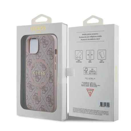 Husă spate Guess din piele PU 4G cu inel colorat MagSafe pentru iPhone 14, roz