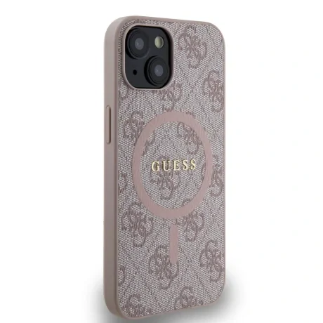 Husă spate Guess din piele PU 4G cu inel colorat MagSafe pentru iPhone 14, roz