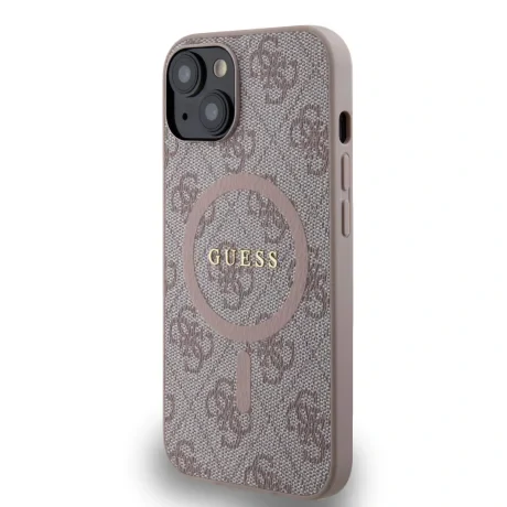 Husă spate Guess din piele PU 4G cu inel colorat MagSafe pentru iPhone 14, roz