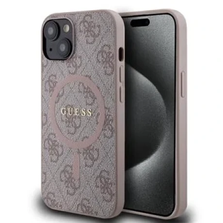 Husă spate Guess din piele PU 4G cu inel colorat MagSafe pentru iPhone 14, roz