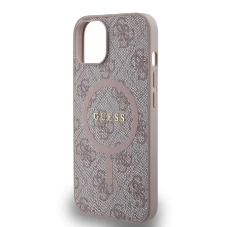 Husă spate Guess din piele PU 4G cu inel colorat MagSafe pentru iPhone 14, roz