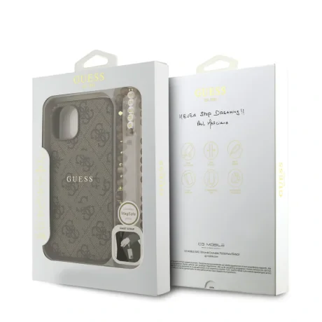 Husa spate Guess din piele PU 4G cu inel colorat MagSafe pentru iPhone 15, maro