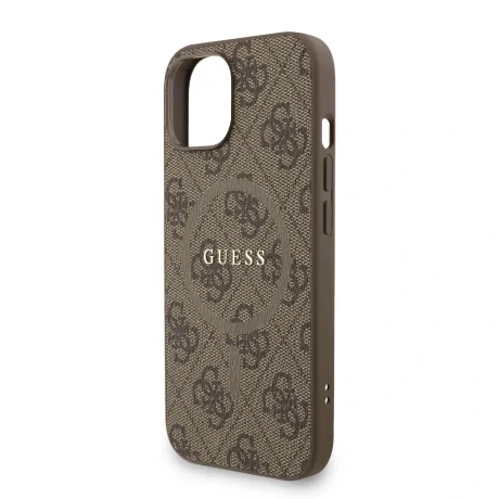 Husa spate Guess din piele PU 4G cu inel colorat MagSafe pentru iPhone 15, maro