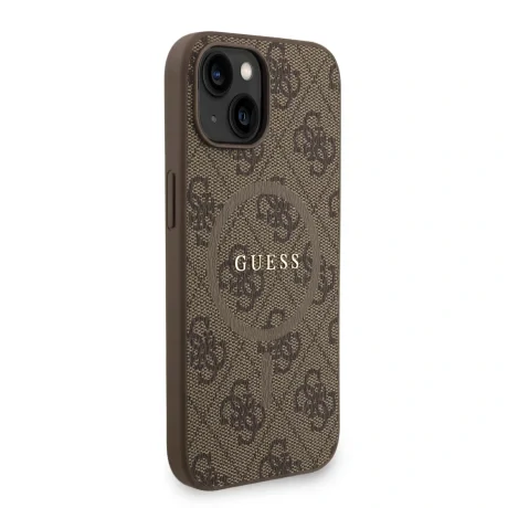 Husa spate Guess din piele PU 4G cu inel colorat MagSafe pentru iPhone 15, maro