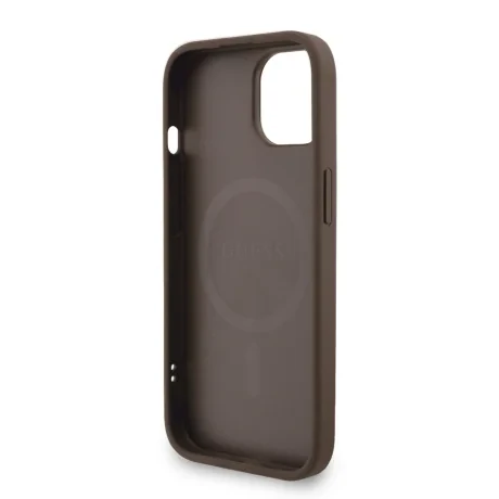 Husa spate Guess din piele PU 4G cu inel colorat MagSafe pentru iPhone 15, maro
