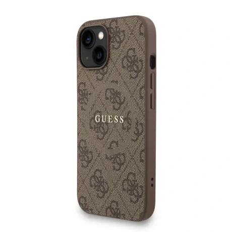 Husa spate Guess din piele PU 4G cu inel colorat MagSafe pentru iPhone 15, maro
