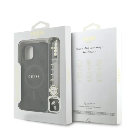 Husă spate Guess din piele PU 4G cu inel colorat MagSafe pentru iPhone 15, neagră