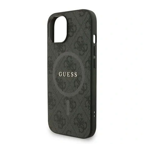 Husă spate Guess din piele PU 4G cu inel colorat MagSafe pentru iPhone 15, neagră