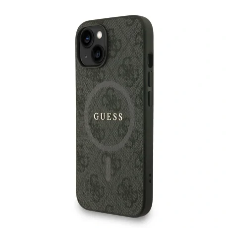Husă spate Guess din piele PU 4G cu inel colorat MagSafe pentru iPhone 15, neagră