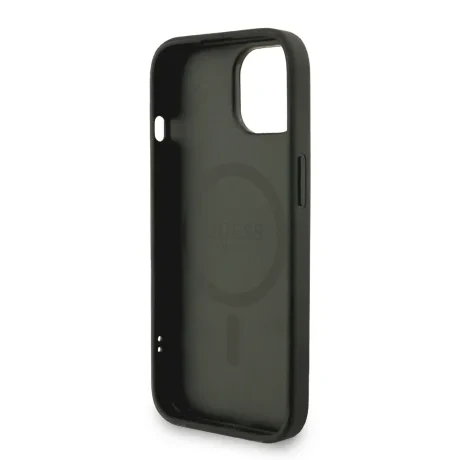 Husă spate Guess din piele PU 4G cu inel colorat MagSafe pentru iPhone 15, neagră