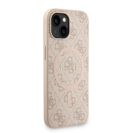 Husa spate Guess din piele PU 4G cu inel colorat MagSafe pentru iPhone 15, roz