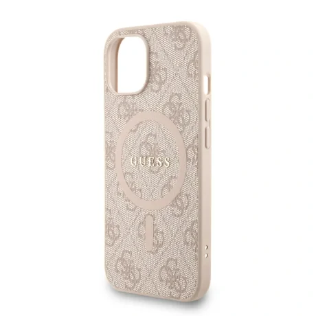 Husa spate Guess din piele PU 4G cu inel colorat MagSafe pentru iPhone 15, roz