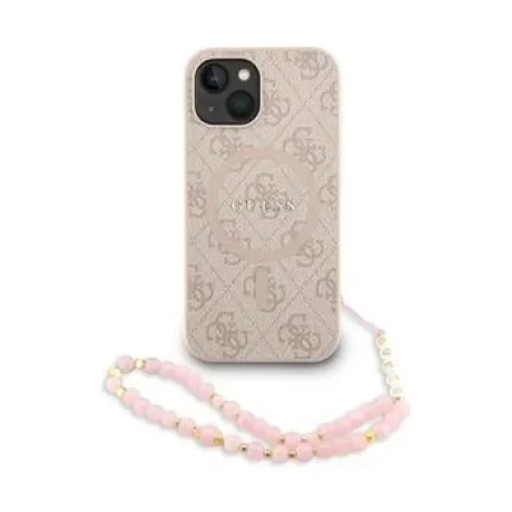 Husa spate Guess din piele PU 4G cu inel colorat MagSafe pentru iPhone 15, roz
