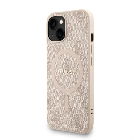 Husa spate Guess din piele PU 4G cu inel colorat MagSafe pentru iPhone 15, roz