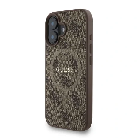 Husa spate Guess din piele PU 4G cu inel colorat MagSafe pentru iPhone 16, maro
