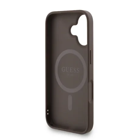 Husa spate Guess din piele PU 4G cu inel colorat MagSafe pentru iPhone 16, maro