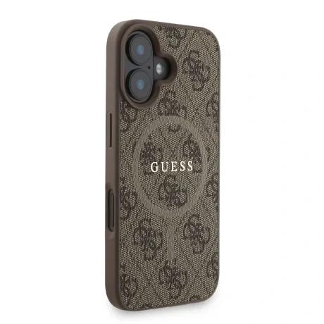 Husa spate Guess din piele PU 4G cu inel colorat MagSafe pentru iPhone 16, maro
