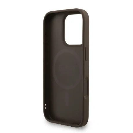 Husa spate Guess din piele PU 4G cu inel colorat MagSafe pentru iPhone 16 Pro, maro