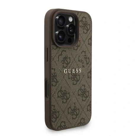Husa spate Guess din piele PU 4G cu inel colorat MagSafe pentru iPhone 16 Pro, maro