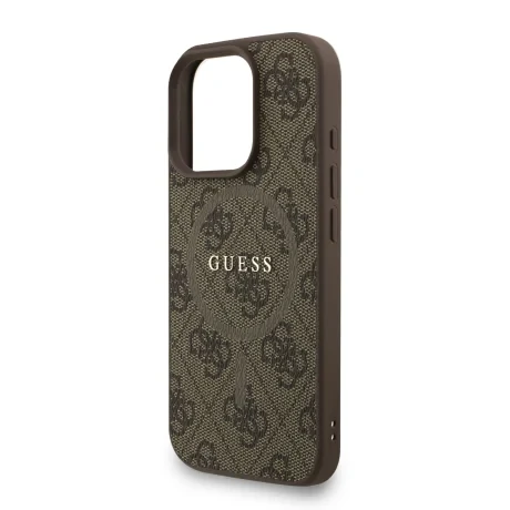 Husa spate Guess din piele PU 4G cu inel colorat MagSafe pentru iPhone 16 Pro, maro