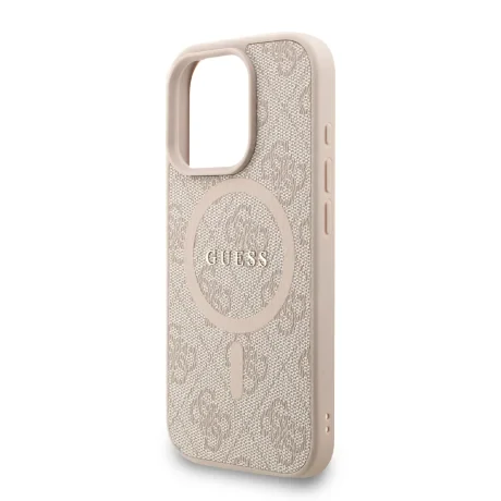 Husă spate Guess din piele PU 4G cu inel colorat MagSafe pentru iPhone 16 Pro Max, roz