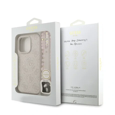 Husa spate Guess din piele PU 4G cu inel colorat MagSafe pentru iPhone 16 Pro, roz