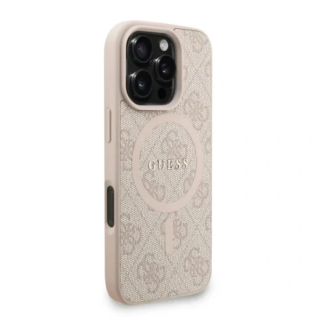 Husa spate Guess din piele PU 4G cu inel colorat MagSafe pentru iPhone 16 Pro, roz