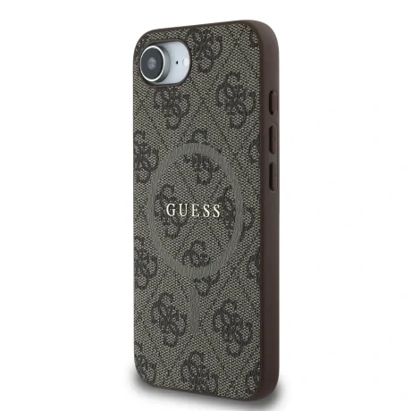 Husa spate Guess din piele PU 4G cu inel colorat MagSafe pentru iPhone 16e/17e, maro