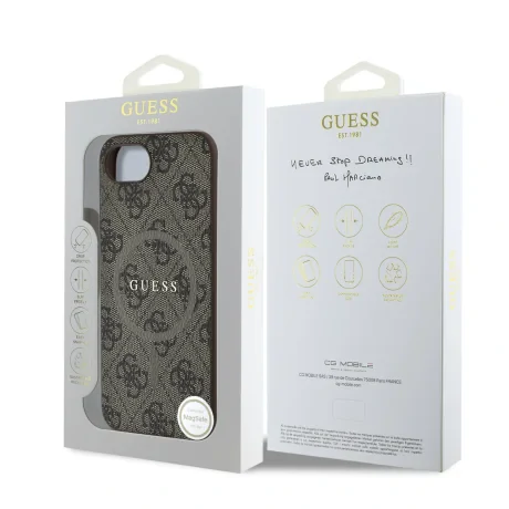 Husa spate Guess din piele PU 4G cu inel colorat MagSafe pentru iPhone 16e/17e, maro