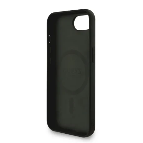 Husa spate Guess din piele PU 4G cu inel colorat MagSafe pentru iPhone 16e/17e, neagră
