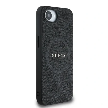 Husa spate Guess din piele PU 4G cu inel colorat MagSafe pentru iPhone 16e/17e, neagră