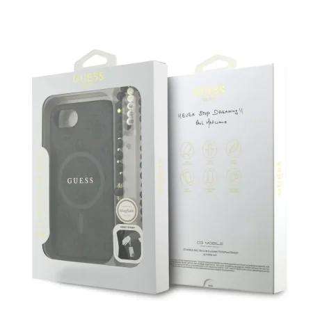 Husa spate Guess din piele PU 4G cu inel colorat MagSafe pentru iPhone 16e/17e, neagră