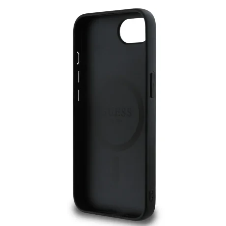 Husa spate Guess din piele PU 4G cu inel colorat MagSafe pentru iPhone 16e/17e, neagră