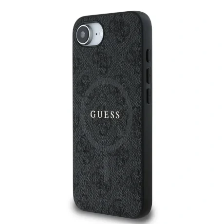 Husa spate Guess din piele PU 4G cu inel colorat MagSafe pentru iPhone 16e/17e, neagră