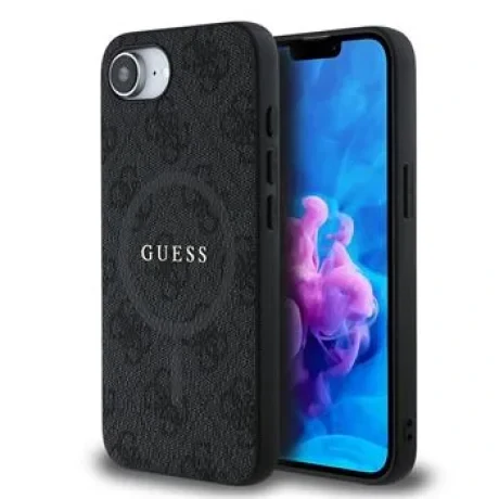 Husa spate Guess din piele PU 4G cu inel colorat MagSafe pentru iPhone 16e/17e, neagră