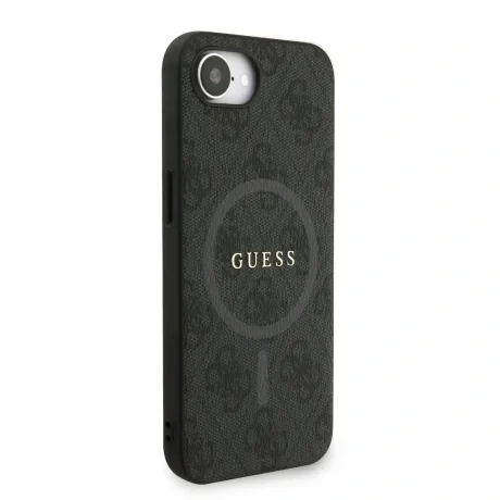 Husa spate Guess din piele PU 4G cu inel colorat MagSafe pentru iPhone 16e/17e, neagră
