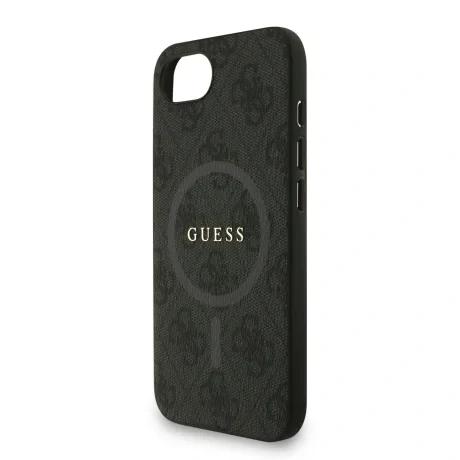 Husa spate Guess din piele PU 4G cu inel colorat MagSafe pentru iPhone 16e/17e, neagră