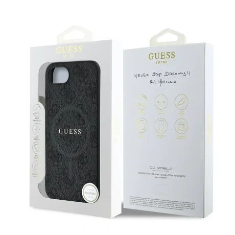 Husa spate Guess din piele PU 4G cu inel colorat MagSafe pentru iPhone 16e/17e, neagră