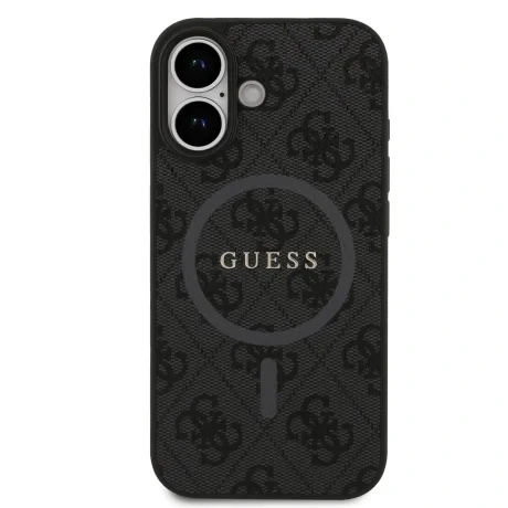 Husă spate Guess din piele PU 4G cu inel colorat MagSafe pentru iPhone 17, neagră
