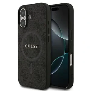 Husă spate Guess din piele PU 4G cu inel colorat MagSafe pentru iPhone 17, neagră