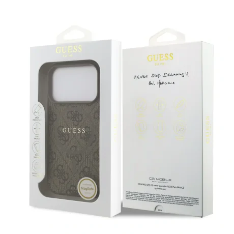Husă spate Guess din piele PU 4G cu inel colorat MagSafe pentru iPhone 17 Pro, maro