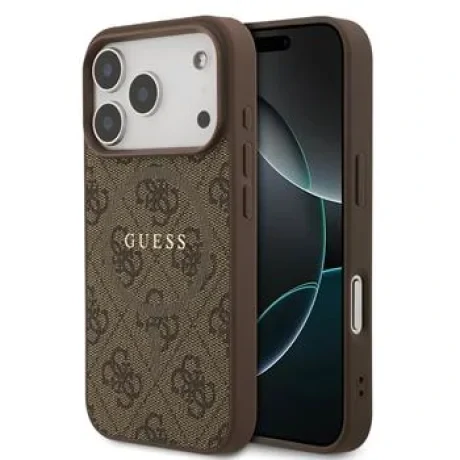 Husă spate Guess din piele PU 4G cu inel colorat MagSafe pentru iPhone 17 Pro, maro