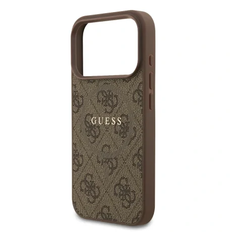 Husă spate Guess din piele PU 4G cu inel colorat MagSafe pentru iPhone 17 Pro, maro