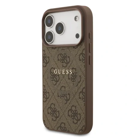 Husă spate Guess din piele PU 4G cu inel colorat MagSafe pentru iPhone 17 Pro, maro