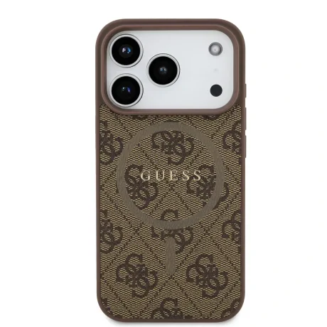 Husă spate Guess din piele PU 4G cu inel colorat MagSafe pentru iPhone 17 Pro, maro