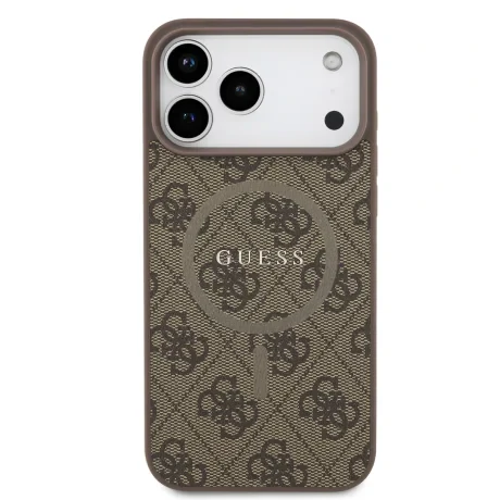Husă spate Guess din piele PU 4G cu inel colorat MagSafe pentru iPhone 17 Pro Max, maro