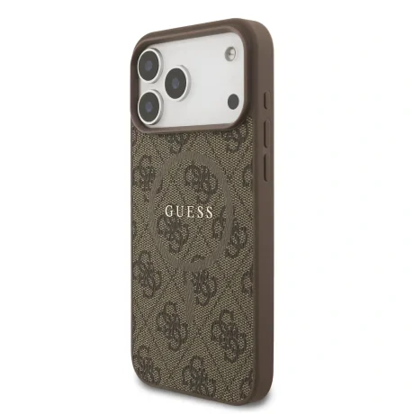 Husă spate Guess din piele PU 4G cu inel colorat MagSafe pentru iPhone 17 Pro Max, maro
