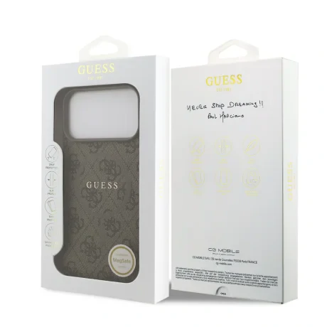 Husă spate Guess din piele PU 4G cu inel colorat MagSafe pentru iPhone 17 Pro Max, maro