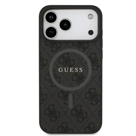 Husă spate Guess din piele PU 4G cu inel colorat MagSafe pentru iPhone 17 Pro Max, neagră